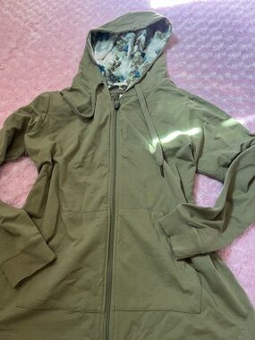 Women’s Olive Utility Zip-Up Hoodie with Floral Hood Lining